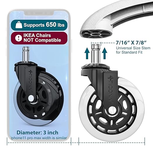 TICONN Office Chair Caster Wheels Set of 5 for Tile, Hardwood Floors and Carpets, Universal Fit for Most Chairs (Transparent)