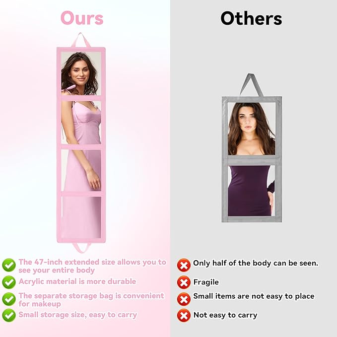 ROYALAY Foldable Full Length Mirror with Handle, 47 * 13in Four-fold Portable Mirror for Travel Makeup Dancing and Fitting Clothes, Pink
