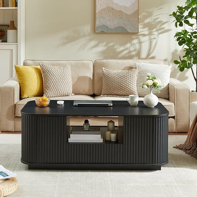 Coffee Table for Living Room, 46.5 Inch Modern Oval Coffee Table with Storage & 2 Drawers, Mid-Century Minimalist Wood Center Table with Hidden Compartments, Adjustable Feet (Natural)