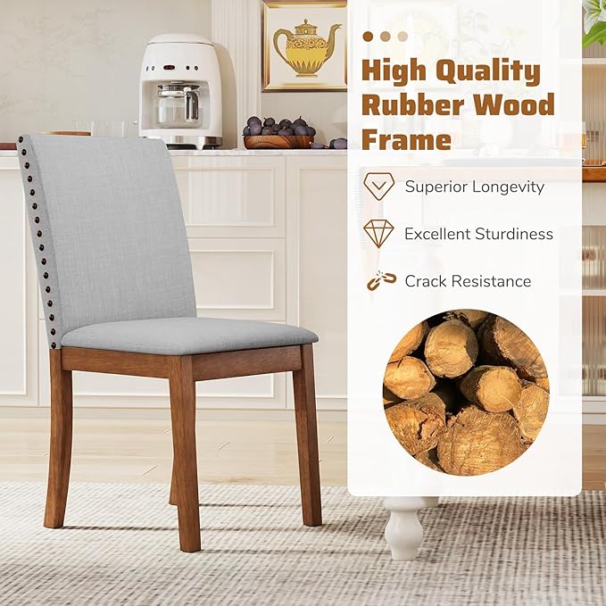 Giantex Upholstered Dining Chairs Set of 4, Kitchen Chair w/Nailhead Trim, Rubber Wood Legs, Padded Seat, Mid Century Armless Side Chair, Comfy Accent Parson Chairs for Restaurant, Living Room