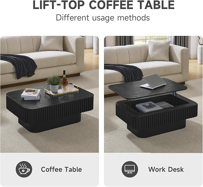 Lift Top Coffee Table for Living Room,Rectangle Handmade Solid Wood Strips, Fluted Coffee Table with Hidden Storage Compartment for Small Space Office Apartment (38.6"L×26.8''W×13.8''H-Black)
