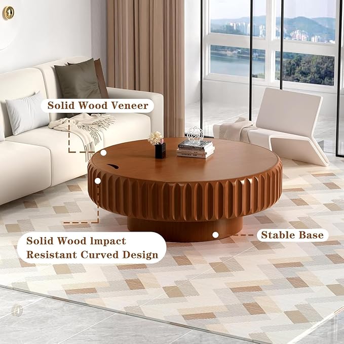 39.4" Drum Coffee Table with Storage Modern Unique Fluted Tea Table Contemporary Round Coffee Table with Fluted Center Table for Small Space Apartment (39.4in)