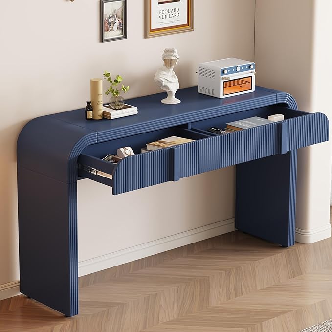 Modern Curved Entryway Console Table 55-Inch Entry Sofa Table with Storage Drawers for Living Room Entrance Hallway Accent Furniture (Navy Blue)