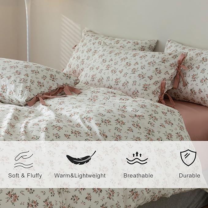 EAVD Vintage Style Pink Floral Comforter Set King Girls White Fluffy Microfiber Chic Garden Floral Bedding Set with 2 Pillowcases Reversible Fresh Botanical Comforter Set for All-Season