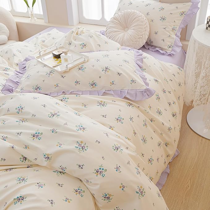 Lace Floral Duvet Cover Twin Cotton Purple Flower 3 Pieces Girls Comforter Cover Garden Style Princess Bedding Set Boho Botanical With Zipper Closure