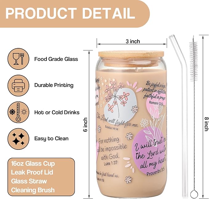 16oz Bible Verse Coffee Mug for Women – Christmas Christian Gifts, Daily Bible Affirmations Glass Tumbler with Straw – Inspirational Religious Coffee Cup for Birthday, Mother’s Day, or Faith Lovers