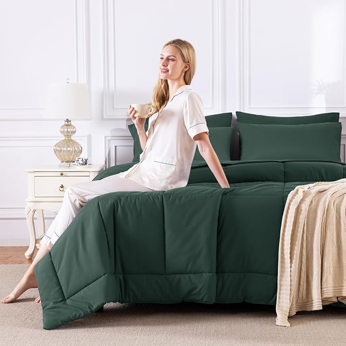 CozyLux King Size Comforter Set Forest Green, 7 Pieces Bed in a Bag, Green Comforter King Size, All Season Bedding Sets with Stitch Quilted Comforter, Flat Sheet, Fitted Sheet, Pillowcases