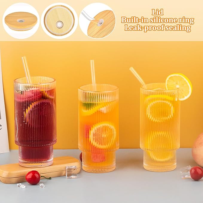 6 Pcs 16oz Ribbed Glass Cups With Bamboo Lids, Stackable, Suitable for Coffee, Juice, Cocktails, Beer