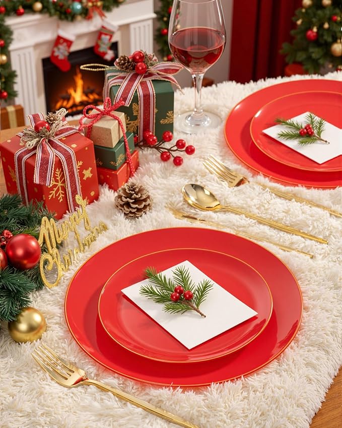 PULOTE 100PCS Red Plastic Plates Disposable Heavy Duty - Include 50 Dinner / 50 Dessert Plates for Party & Christmas