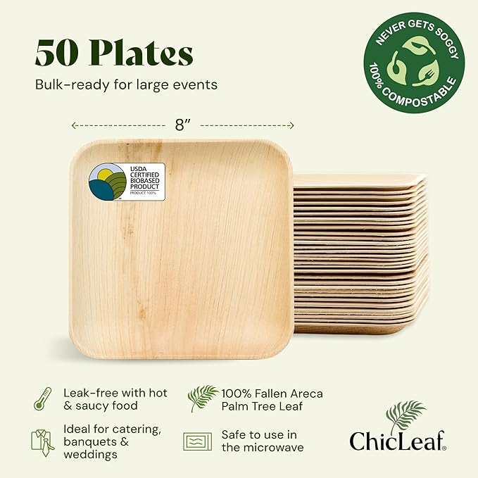 Chic Leaf Disposable Palm Leaf Plates - 50 Count, 8" Square, Christmas Meal - Bamboo Plates, Biodegradable & Compostable - Microwave Safe & Heavy Duty - Event & Party Supplies - Wedding Decor