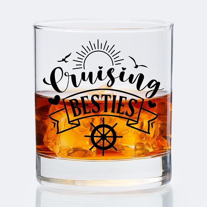 Cruise Lovers Gifts Old Fashioned Whiskey Glasses, Cruising Gifts for BFF Bestie, Cruising Besties 10 oz Rocks Barware Cup for Cocktail Drinks Scotch Bourbon Liquor