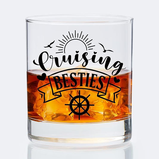 Cruise Lovers Gifts Old Fashioned Whiskey Glasses, Cruising Gifts for BFF Bestie, Cruising Besties 10 oz Rocks Barware Cup for Cocktail Drinks Scotch Bourbon Liquor