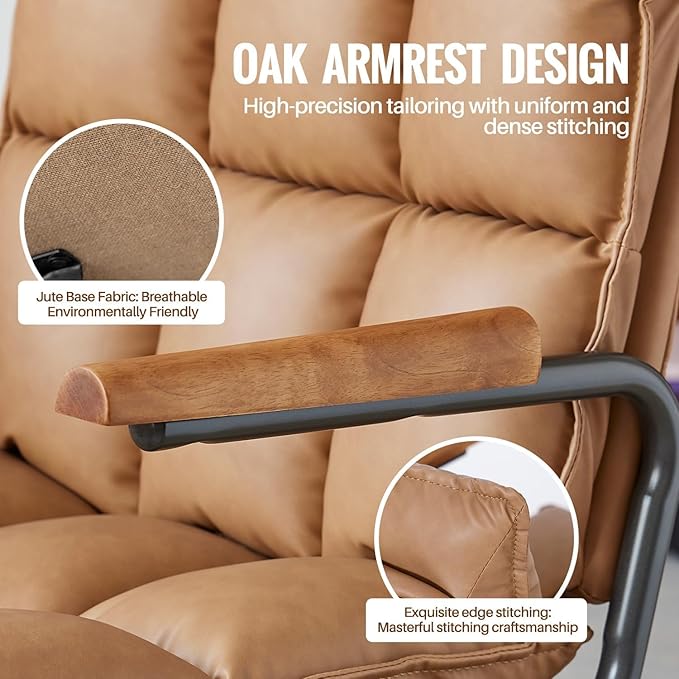 Home Office Desk Chair, Ergonomic Computer Chair with Wheels and Oak Arms, Adjustable Height Rolling Swivel Executive Task Armrests Chair, Camel Brown