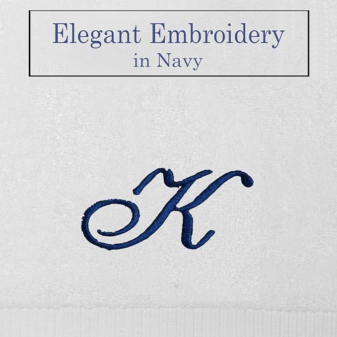 White Monogrammed Hand Towels for Bathroom - Luxury Hotel Quality Personalized Initial Embroidered Towel for Powder Room, Spa - GOTS Organic Certified - Set of 2 Navy Letter K