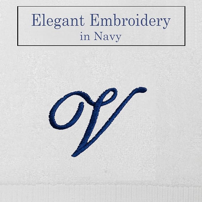 White Monogrammed Hand Towels for Bathroom - Luxury Hotel Quality Personalized Initial Embroidered Towel for Powder Room, Spa - GOTS Organic Certified - Set of 2 Navy Letter V