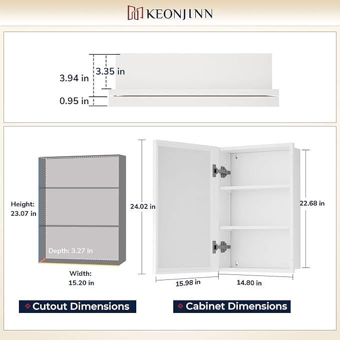Keonjinn 16" x 24" White Medicine Cabinets for Bathroom with Mirror, Recessed or Surface Wall-Mounted Aluminum Alloy Framed Beveled Mirror, Single Door Farmhouse Bathroom Mirror with Storage Cabinet