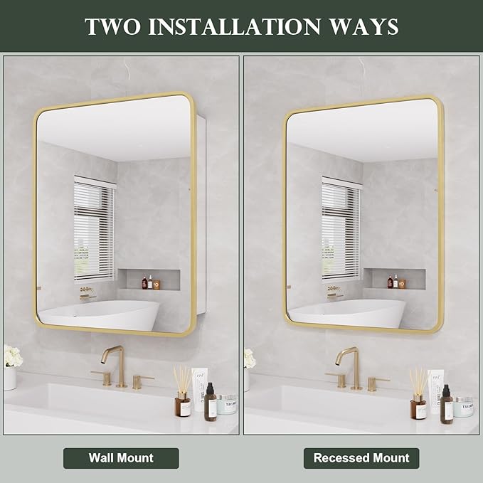 WallBeyond Bathroom Medicine Cabinet with Mirror, 22x28 Inch Gold Recessed Medicine Cabinet with Round Corner Aluminum Alloy Metal Framed, Single Door Cabinet Medicine with Storage