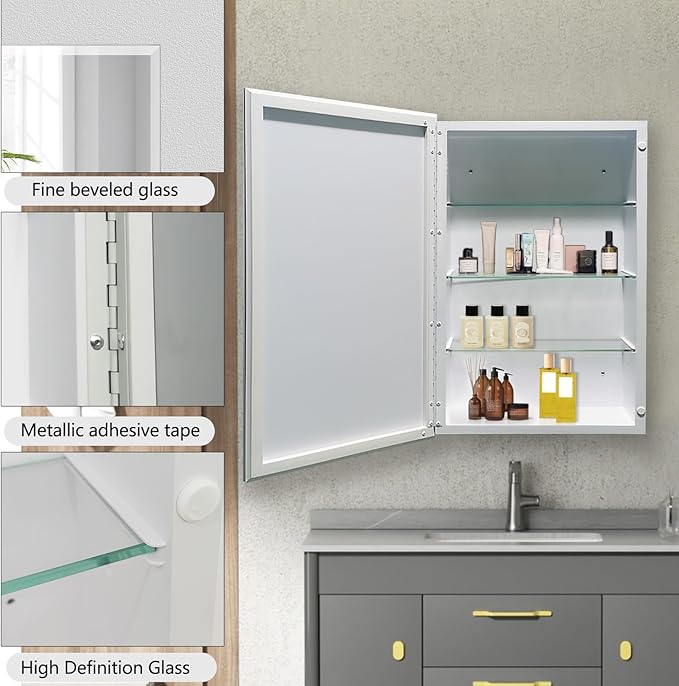 Medicine Cabinet with Mirror 16x26 inch, Recessed Medicine Cabinet or Surface Wall Mount Plastic Bathroom Cabinets with Removable Shelves, Beveled Edge Mirror Cabinet