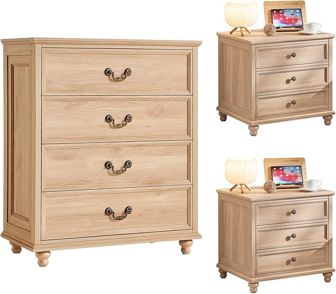 24" Wide Farmhouse Nightstand Set of 2, 37" Tall Rustic Chests of Drawers w/ 4 Solid Wood Feet, Farmhouse Furniture Series for Living Room,Bedroom,Wood