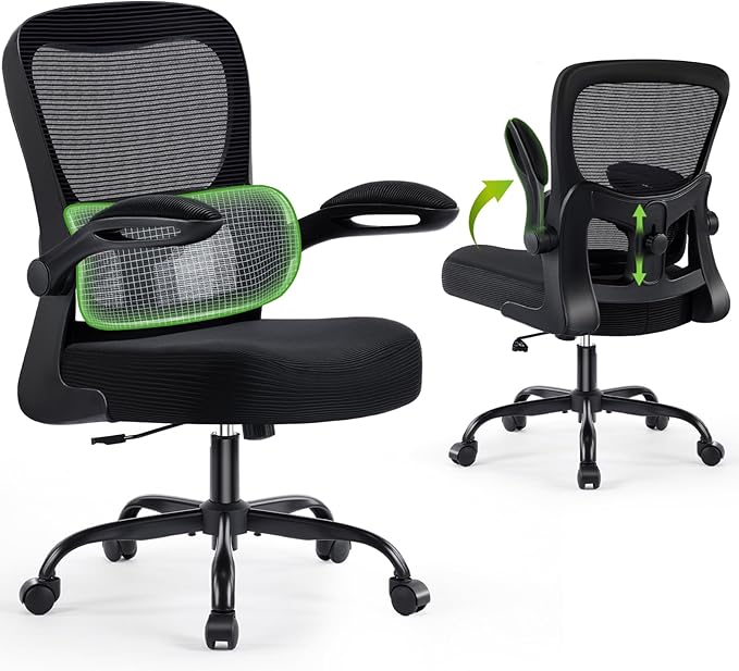 Ergonomic Office Chair, Comfy Desk Chair with Adjustable Lumbar Support, Mesh Computer Chair with Wheels, Flip-up Armrests, Swivel Rolling Executive Chair for Home Office, Gaming, Black