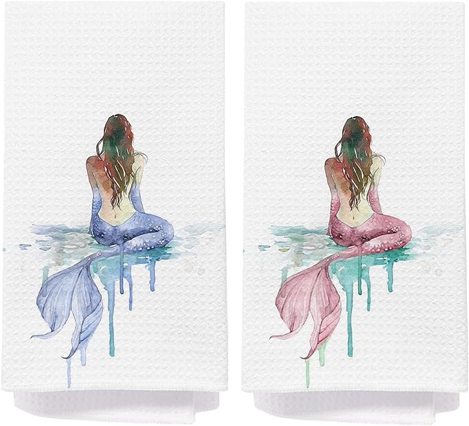 Mermaid Bathroom Hand Towels, Mermaid Tail Gifts Bathroom Decor Blue and Pink Hand Towels for Girls Washroom Power Room Vanity Half Bath, 16x24 Inch Set of 2