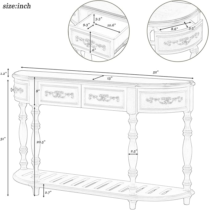 HMFULE Retro Curved Console Table, 52" Solid Wood Half Moon Console Table Sofa Table with 4 Drawers 1 Open Shelf for Living Room,Entryway,Hallway,Black