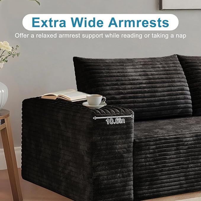 Saiveina 63" Corduroy Loveseat Sofa, Deep Seat Comfy Couch with Backrest and Armrests, No Assembly Required, 2 Seater Couch for Living Room Bedroom Apartment, Black