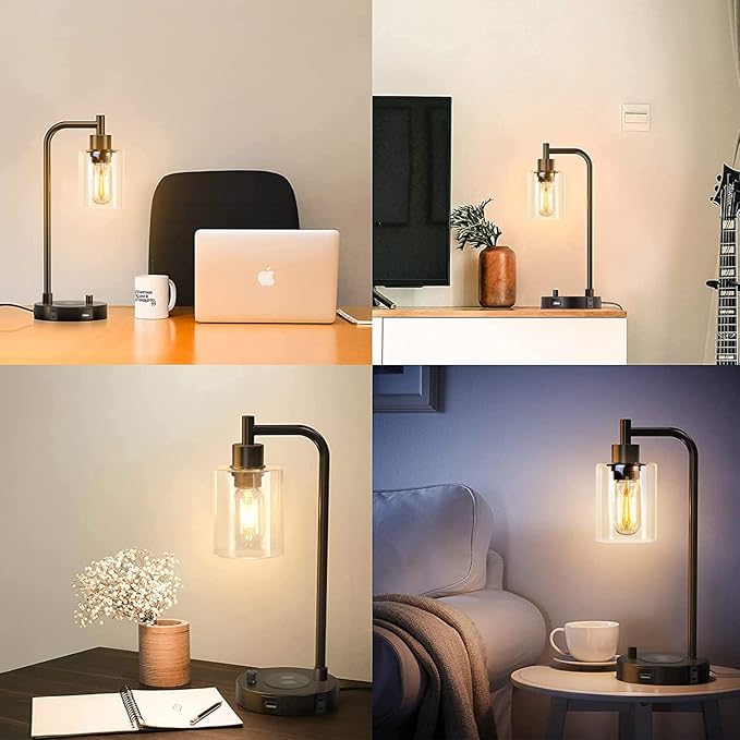 Industrial Table Lamp with Wireless Charing, Fully Stepless Dimmable Lamps Nightstand Lamps, Desk Lamp with Glass Shade Reading Lamp for Office Living Room (Black 02)