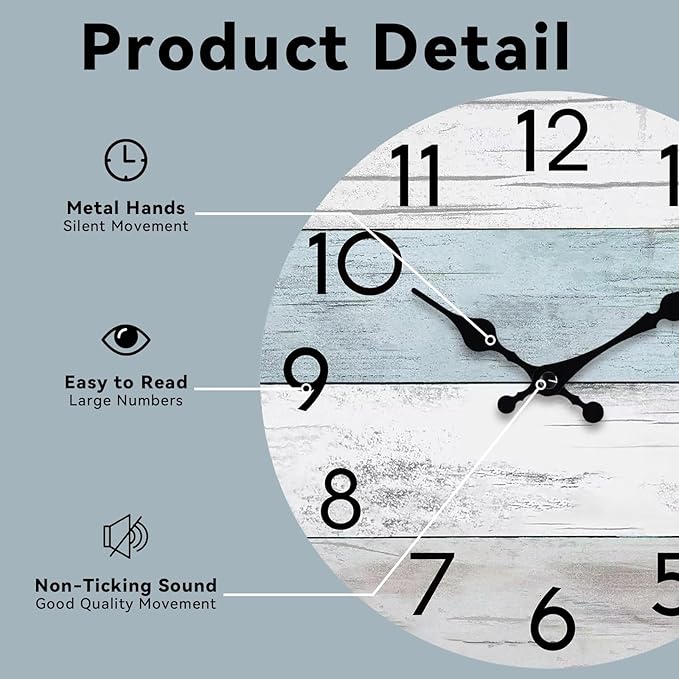 Wall Clock Silent Non-Ticking Wooden Clocks Battery Operated 12 Inch Small Country Retro Rustic and Beach Style Decorative for Living Room, Kitchen, Home,Bathroom, Bedroom (Blue)