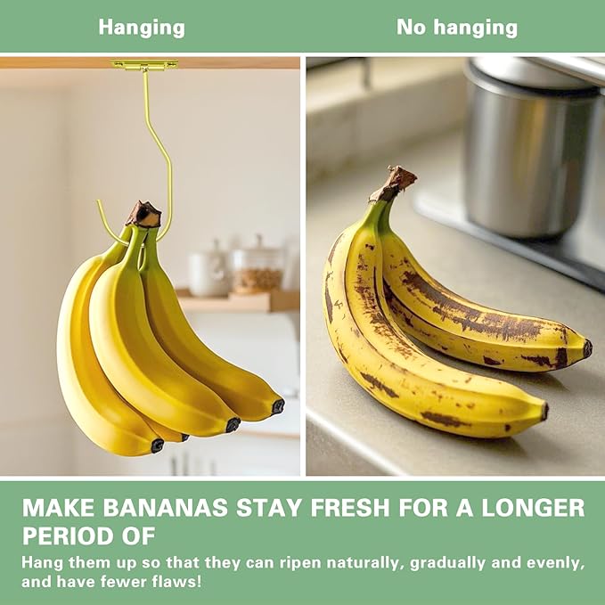 Banana Hanger Hook – Space Saving Banana Holder Hanger to Keep Bananas Fresh, Self Adhesive and Screw Banana Hook 3Pack Gold