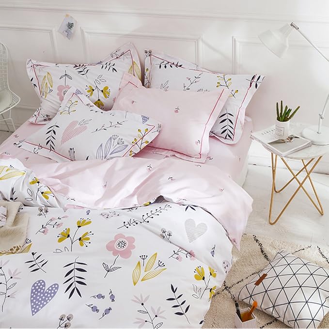 Girls Boho Floral Duvet Cover Twin Aesthetic Bedding Sets with 2 Pillowcases Pink Cotton Botanical Comforter