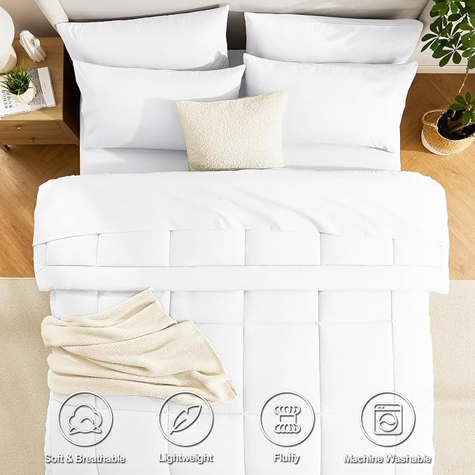 CozyLux Queen Comforter Set White, 7 Pieces Bed in a Bag, White Comforter Queen Size, All Season Bedding Sets with Stitch Quilted Comforter, Flat Sheet, Fitted Sheet, Pillowcases