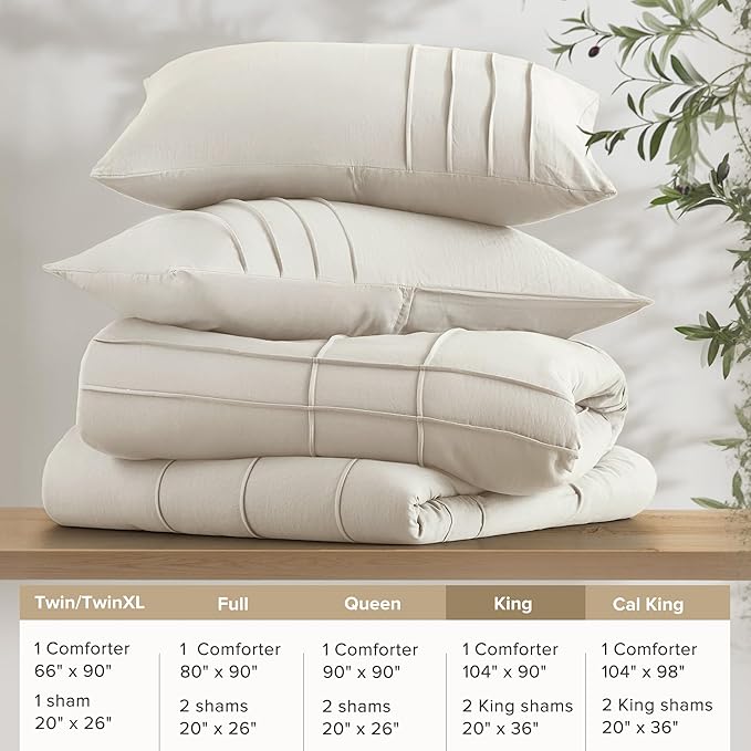 Comfort Spaces Cream King Size Comforter Set - 3 Pieces Pintuck Pleated Bedding Sets, All Season Lightweight, Extra Softness Pre-Washed Microfiber King Bed Set, Shams