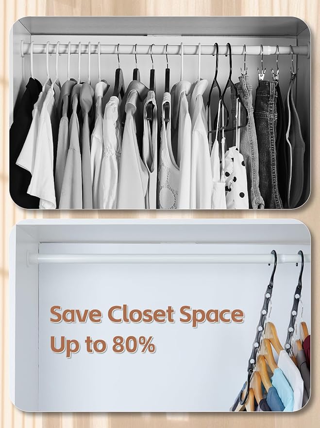 HOUSE DAY Closet Organizers and Storage, Magic Hangers Space Saving Clothes Hangers, Smart Space Saver Sturdy Plastic Hangers with 5 Holes for Heavy Clothes, College Dorm Room Essentials 8 Pack Black
