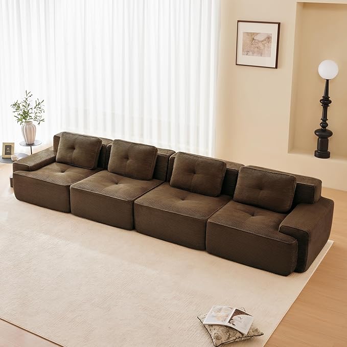 150" Modern Corduroy Cloud Sofa, Boneless Modular Large Sectional Couches for Living Room, Brown 4 Seater Compressed Memory Foam Couch, Extra Deep Seat, No Assembly