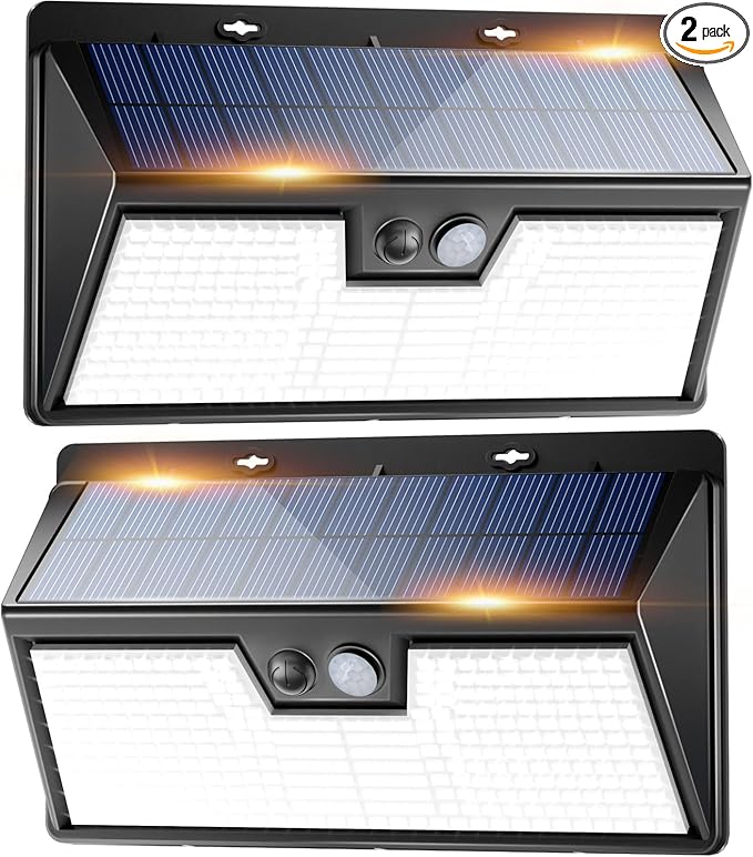 Peasur Solar Lights Outdoor Motion Sensor, 2 Pack 3 Modes 318LED Solar Powered Fence Wall Light IP65 Waterproof, Bright Solar Security Lighting for Outside Deck Yard Patio House Step Stair