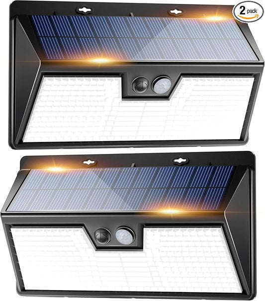 Peasur Solar Lights Outdoor Motion Sensor, 2 Pack 3 Modes 318LED Solar Powered Fence Wall Light IP65 Waterproof, Bright Solar Security Lighting for Outside Deck Yard Patio House Step Stair