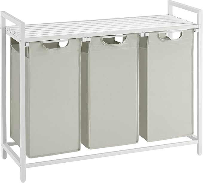 VASAGLE Laundry Hamper, Laundry Basket, Laundry Sorter with 3 Pull-Out and Removable Bags, Shelf, Metal Frame, 3 x 10.6 Gallons (40 L), 36.4 x 13 x 28.4 Inches, Cream White and Cloud White UBLH301W01