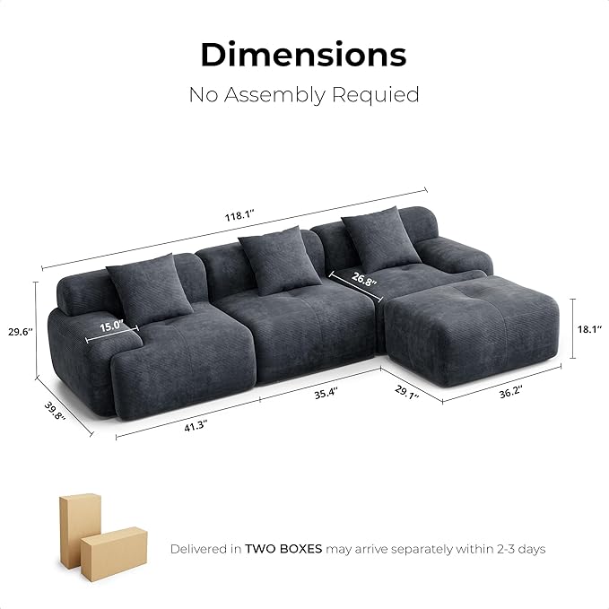 LIKIMIO 118" Modern L-Shaped Modular Sectional Sofa for Living Room, Corduroy Upholstery Charcoal Blue, Oversized 3-Seater Couch with Deep Seat and Movable Ottoman – No Assembly