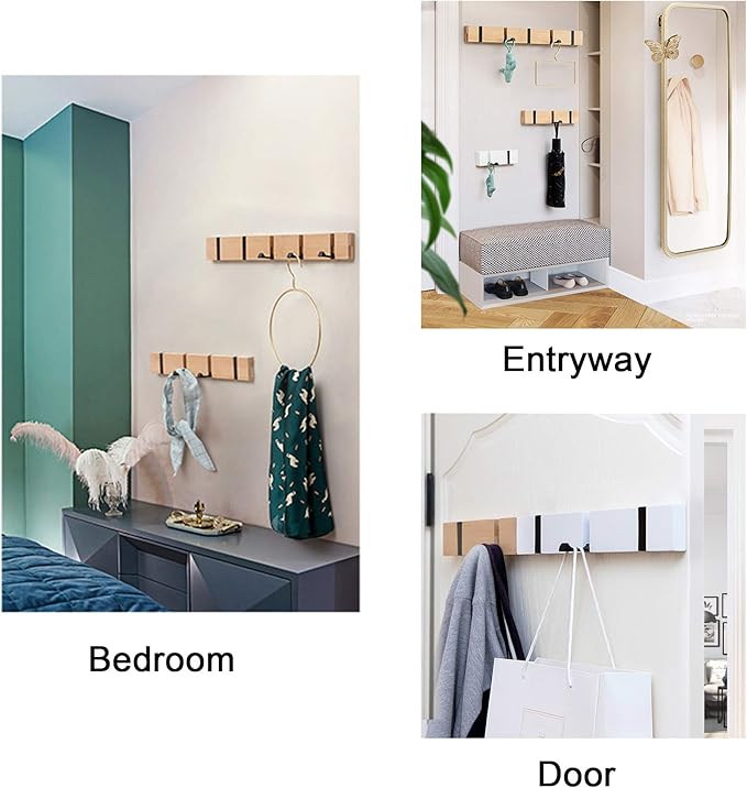 2 Pack Wooden Wall Mounted Folding Rack, Modern Wall Floating Coat Hook Rack Space– Natural 6 Hooks