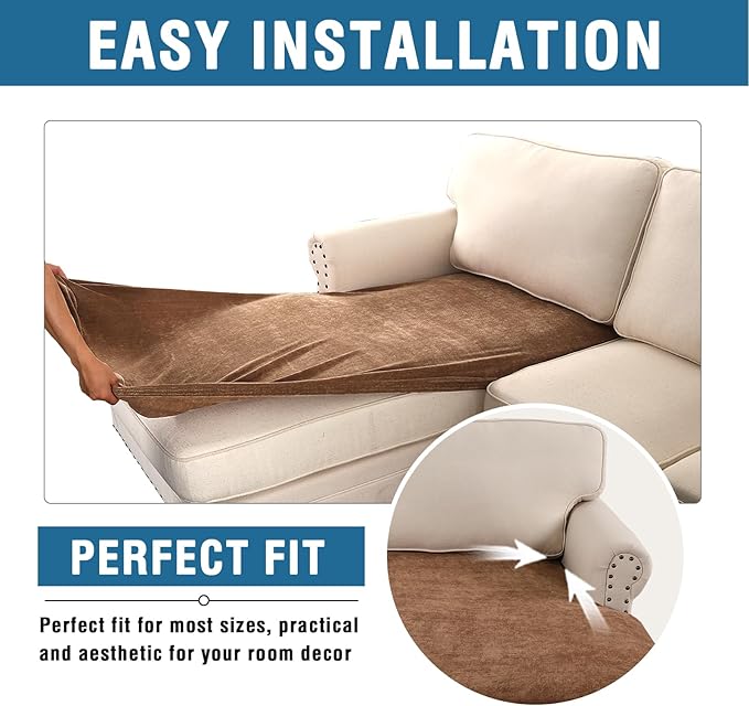 H.VERSAILTEX Couch Cushion Covers Stretch Chenille Chaise Lounge Covers Slipcover Thick Soft Sectional Couch Covers for L Shaped Sofa Both Left/Right(3 Seater Sofa Cushion Cover,Caramel)