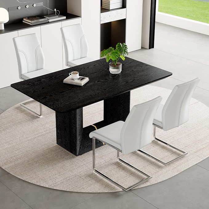 63" Modern Black Dining Table Set for 4 with Chairs, 5 Piece Rectangular Dining Room Table and 4 PU Leather Chairs, Kitchen Dining Set with Matte Wood Finish, Geometric Base, Easy Assembly