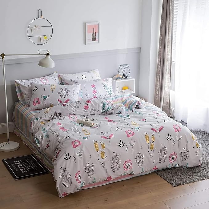 Boho Floral Duvet Cover Full Girls Floral Print Bedding Sets Garden Style Aesthetic Duvet Cover Cotton Floral Comforter Cover Kids Girls Kawaii Bedding Collections Birds Flower Comforter Cover Full