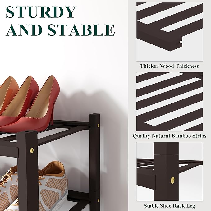 Smiry Shoe Rack, 6 Tier Small Bamboo Shoe Organizer, Stackable Free Standing Wooden Shoe Storage Shelf for Closet, Entryway, Front Door Entrance, Brown