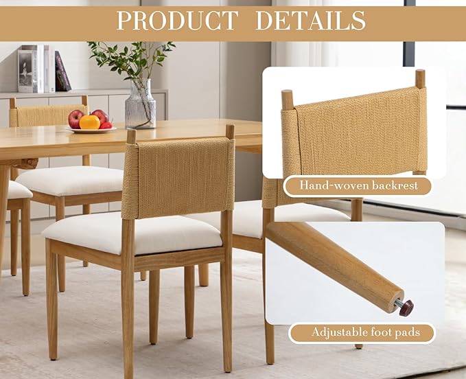 CIMOTA Modern Dining Chairs Set of 2, Mid Century Upholstered Dining Room Chairs with Woven Back, Armless Kitchen Chairs with Natural Solid Wood Legs, Linen Beige