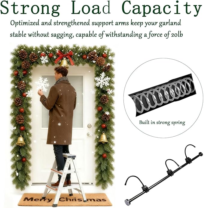 WesGen Garland Hanger for Front Door Frame, Adjustable 17"- 82" Heavy-Duty Garland Holder for Door Frame Christmas & Halloween Decorations, Wreaths, Lights, No-Drill, Damage-Free