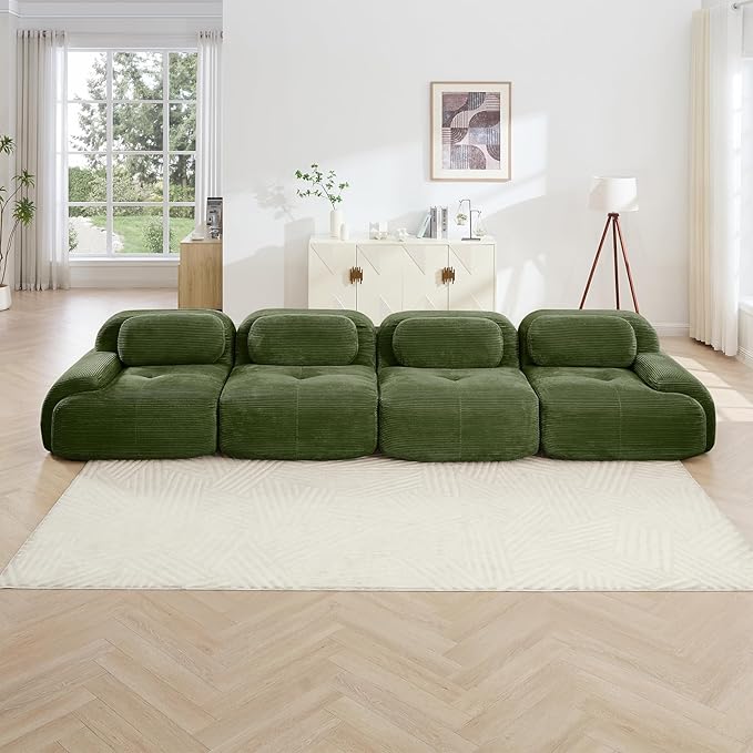 152" Modern Corduroy Cloud Sofa, Boneless Modular Large Sectional Couches for Living Room, Green 4 Seater Compressed Memory Foam Couch, Extra Deep Seat, No Assembly