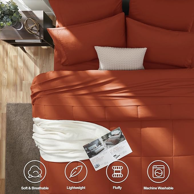 CozyLux Queen Comforter Set Terracotta, 7 Pieces Bed in a Bag, Burnt Orange Fall Comforter Queen Size, All Season Bedding Sets with Stitch Quilted Comforter, Flat Sheet, Fitted Sheet, Pillowcases