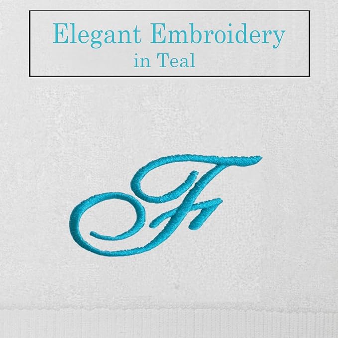White Monogrammed Hand Towels for Bathroom - Luxury Hotel Quality Personalized Initial Embroidered Towel for Powder Room, Spa - GOTS Organic Certified - Pack of 2 Teal, Letter F