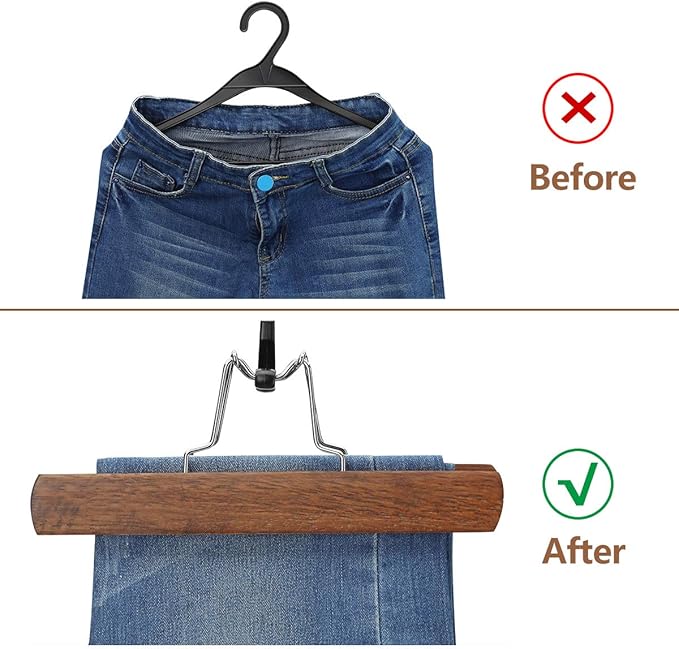 AMKUFO 20 Pack Wooden Pants Hangers with Clips Non Slip Skirt Hangers Trouser Clamp Hanger Solid Wood Hanger with 360° Swivel Hook Walnut